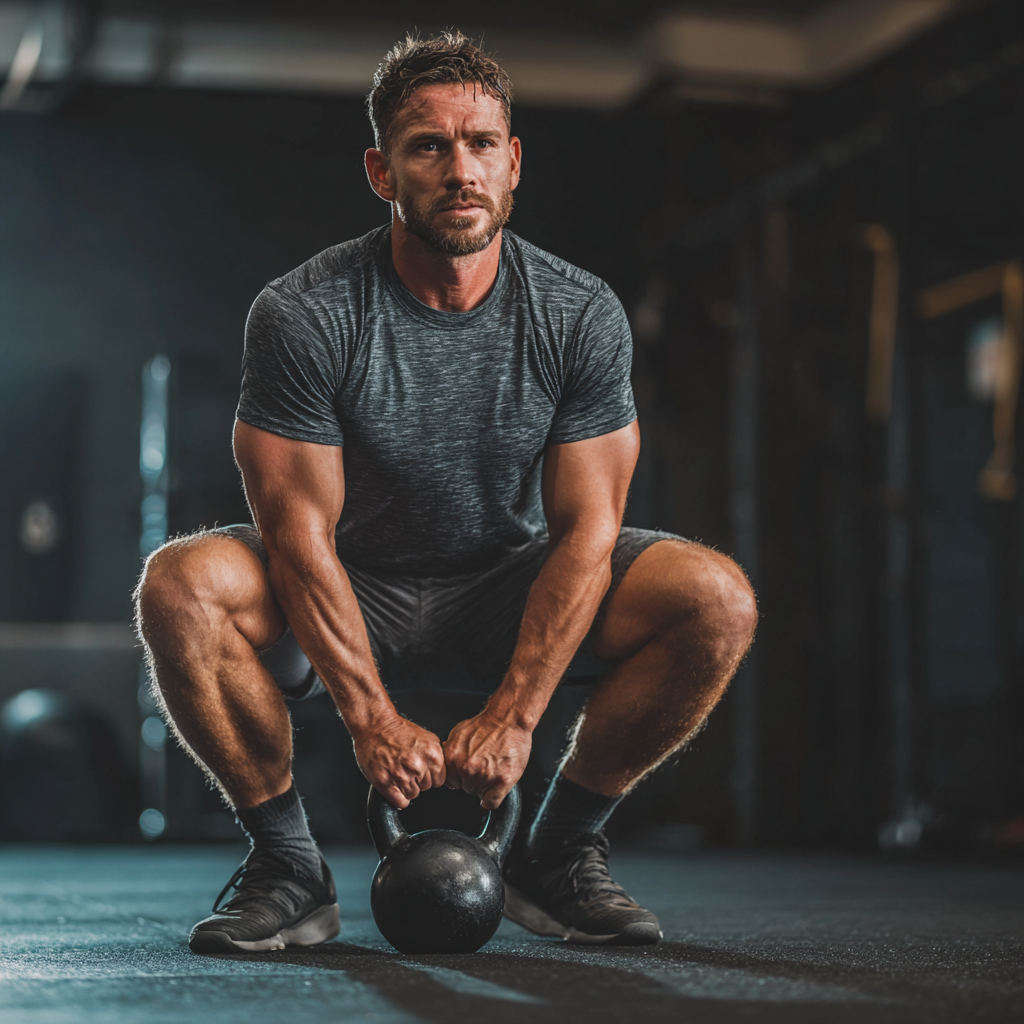 Athletic man doing functional training exercises with kettlebells in professional gym setting