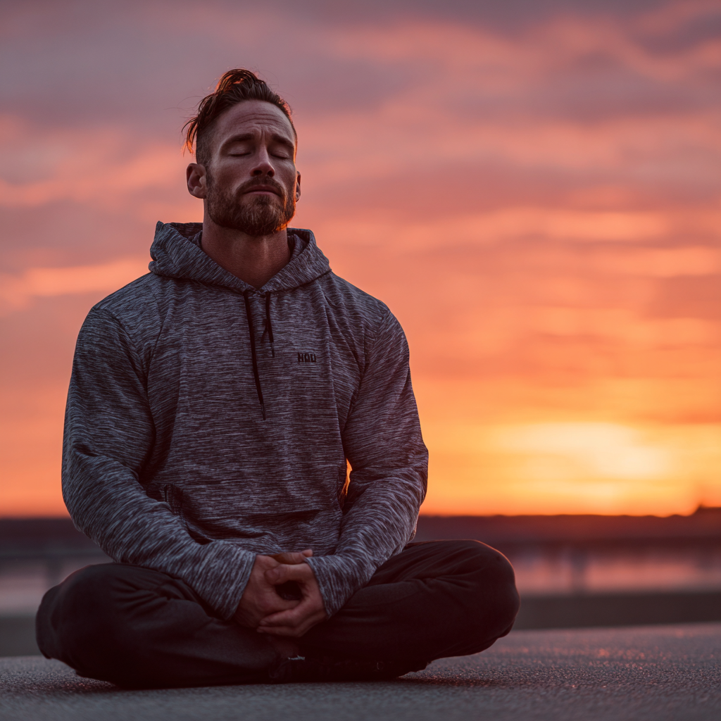 Focused man in meditation pose during morning workout session showing mental discipline and concentration