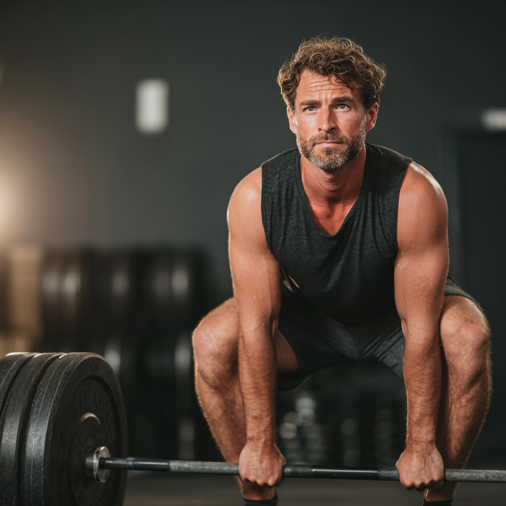 Strong athletic man performing deadlift exercise in modern gym with focused expression
